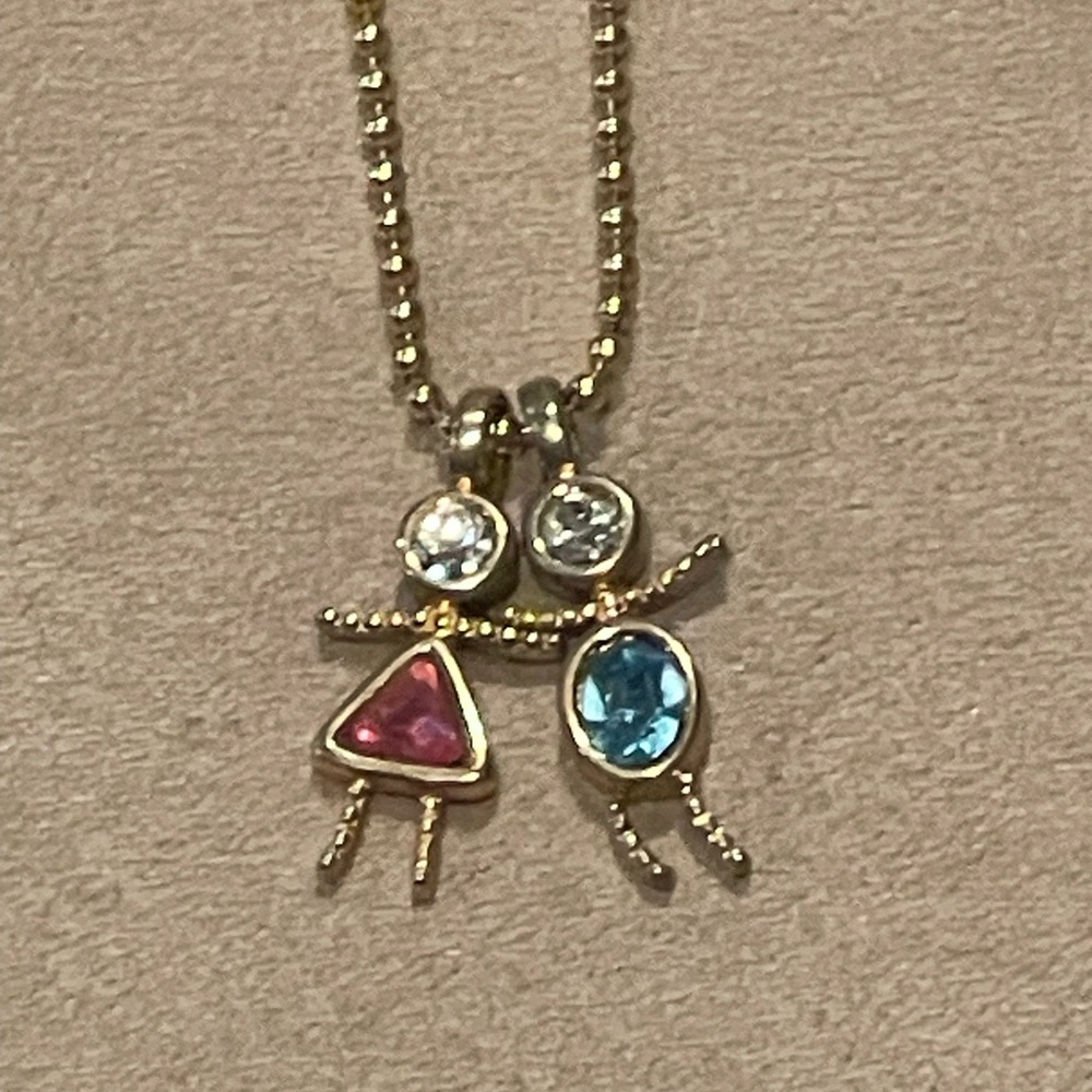 Gold Pendant Necklace with Blue and Pink Gemstones. Ball chain. 20 inches long!